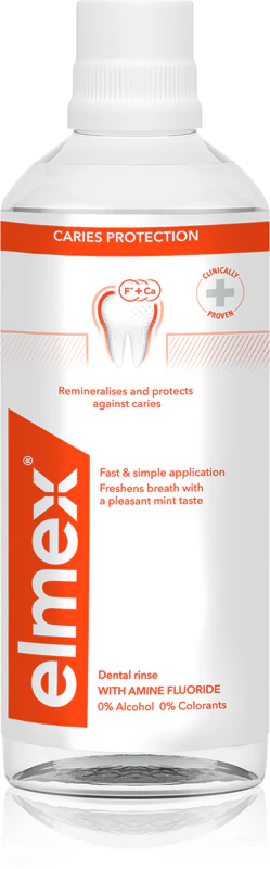 enxaguante bucal Elmex Caries Protection protege contra a cárie dentária.