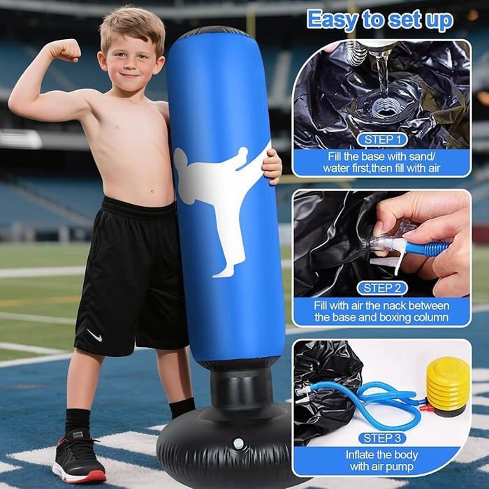 Saco de boxeo infantil de 160 cm, con guantes y bomba de inflado, ideal para niños, taekwondo y karate, de 3 a 12 años, color azul.