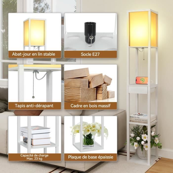 Living room floor lamp in wood with 3 shelves + light bulb + drawer + USB charging ports, white, 1.6m