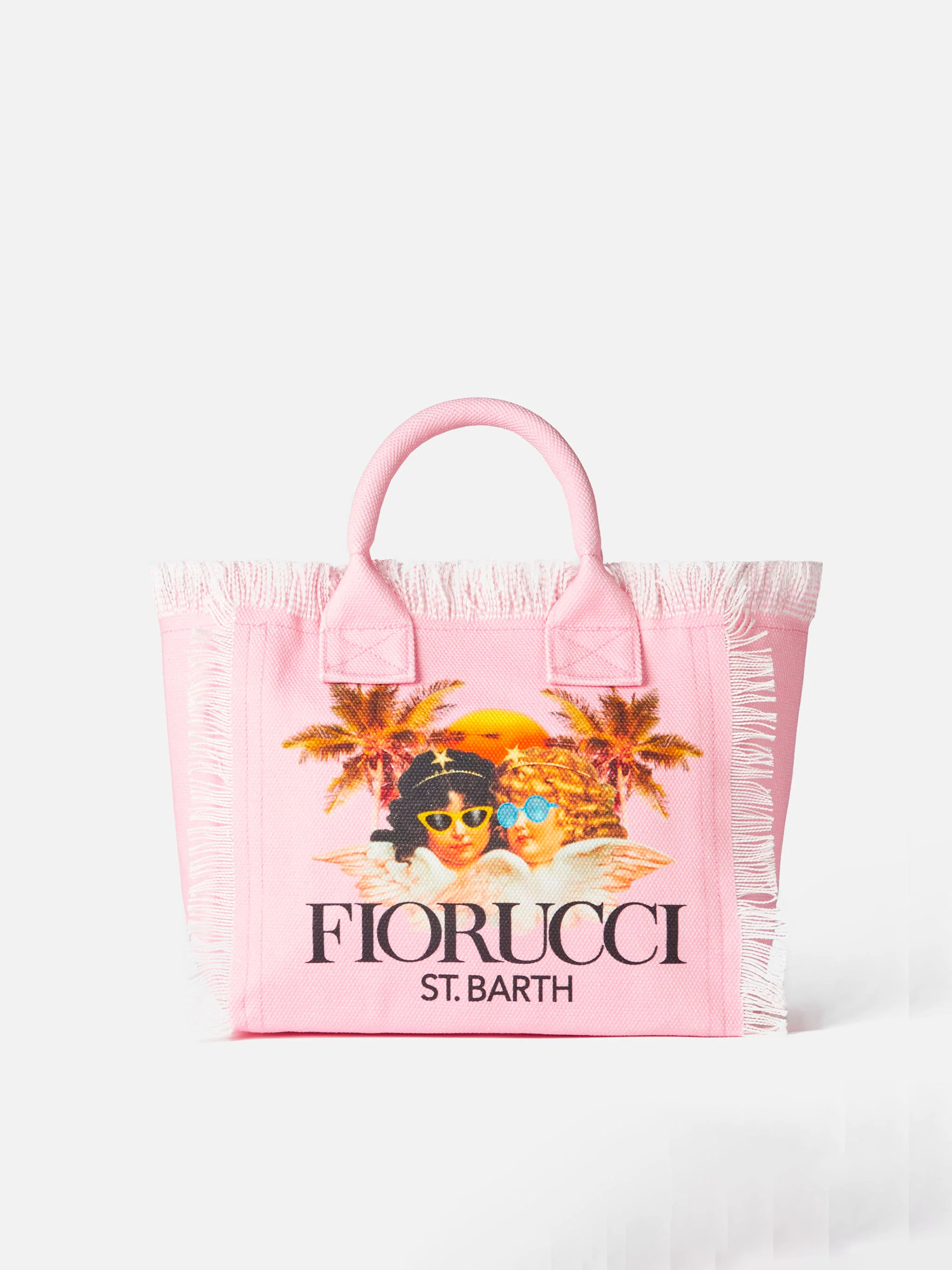 Roze Colette canvas handtas met franjes, Fiorucci Angels print, St. Barth logo en binnenvak met rits | MC2 Saint Barth | FIORUCCI SPECIALE EDITIE
