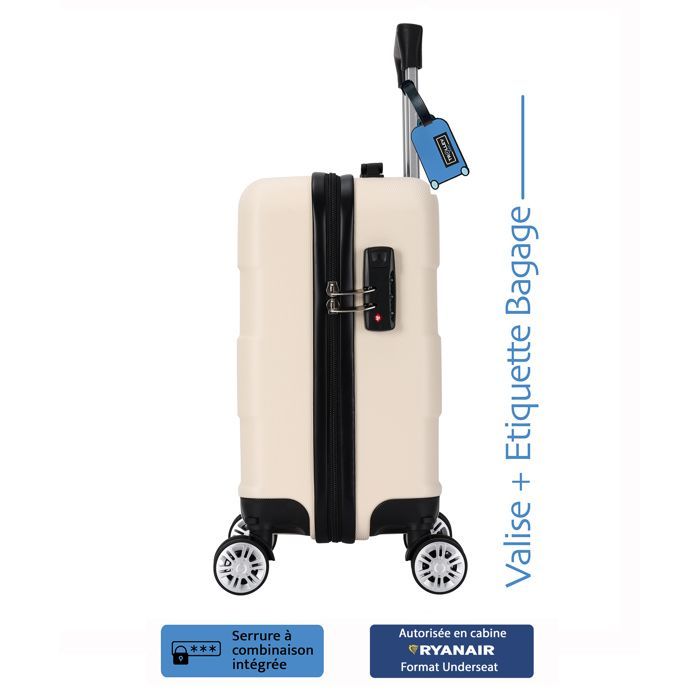 Maleta de cabina Ryanair 40x30x20 cm – ABS rígido y ligero – 4 ruedas dobles extraíbles – Blanco – Asa telescópica ADC – Etiqueta de equipaje incluida