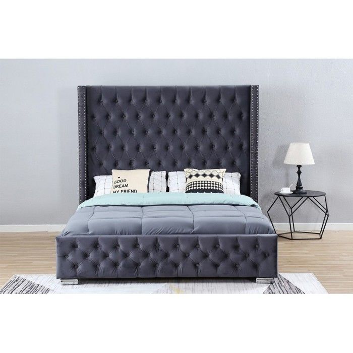 Lit Design Grande Tête De Lit Lia - Velours Gris - 140x190