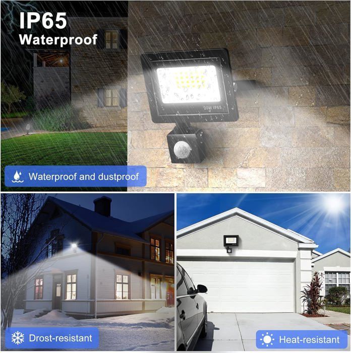 Refletor LED externo de 20W com sensor de movimento, 24 LEDs, à prova d'água IP65, 6500K, 220V (pacote com 2)