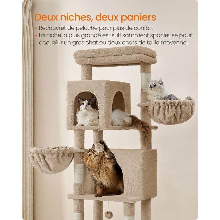 Árbol rascador grande para gatos, 175 cm de altura, multinivel con 2 cuevas, 2 cestas, 5 postes rascadores, auto-acicalable, color marrón camel.