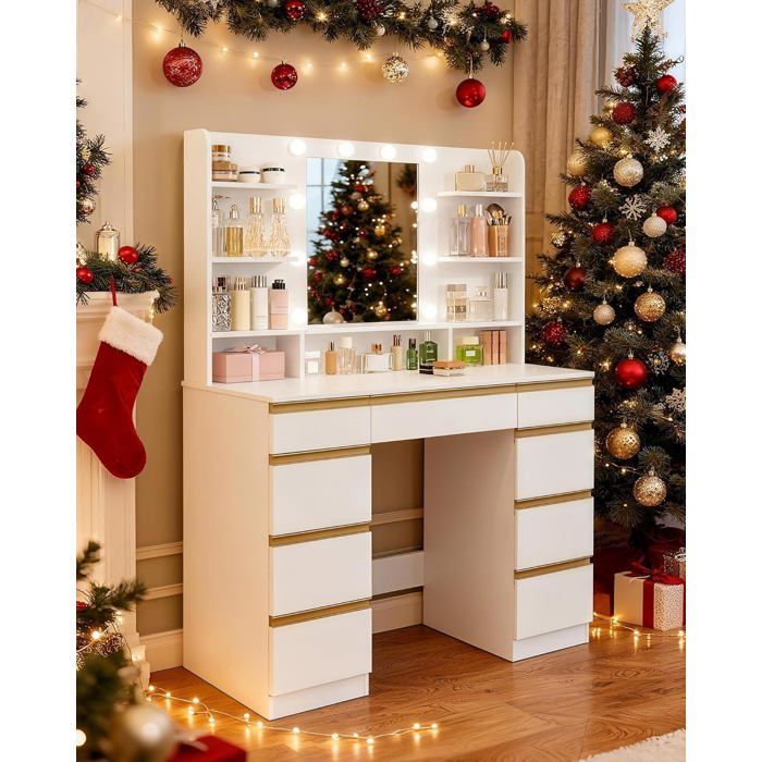 Grande Coiffeuse avec Éclairage LED, 10 Boules Lumineuses LED, 3 Couleurs, Luminosité Réglable, Miroir, 9 Tiroirs, Blanc-Or