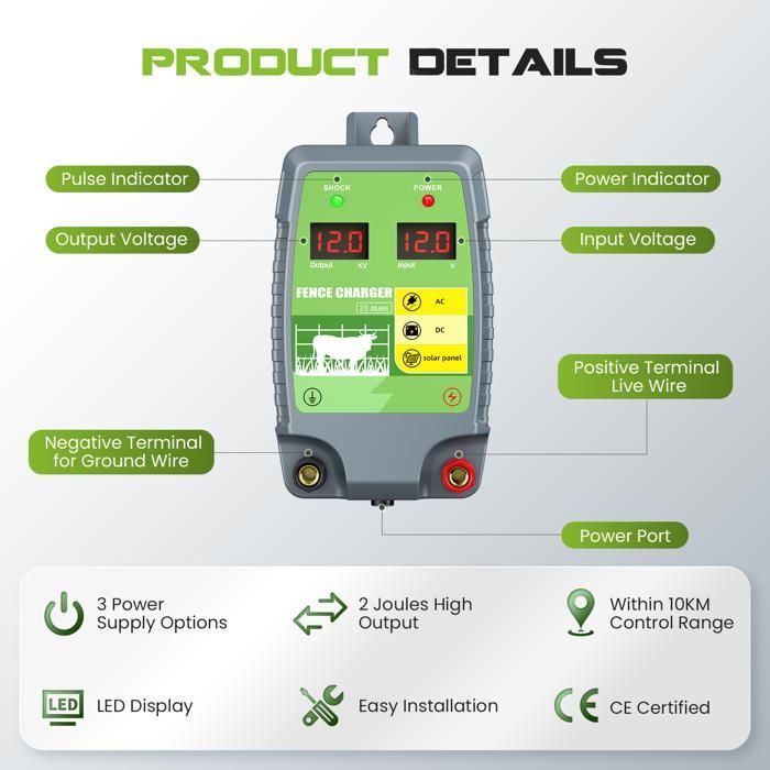 Elettrificatore per recinzioni elettriche da 10 km, alimentato dalla rete elettrica, per bestiame (cavalli, mucche, pecore) per fattorie e giardini.