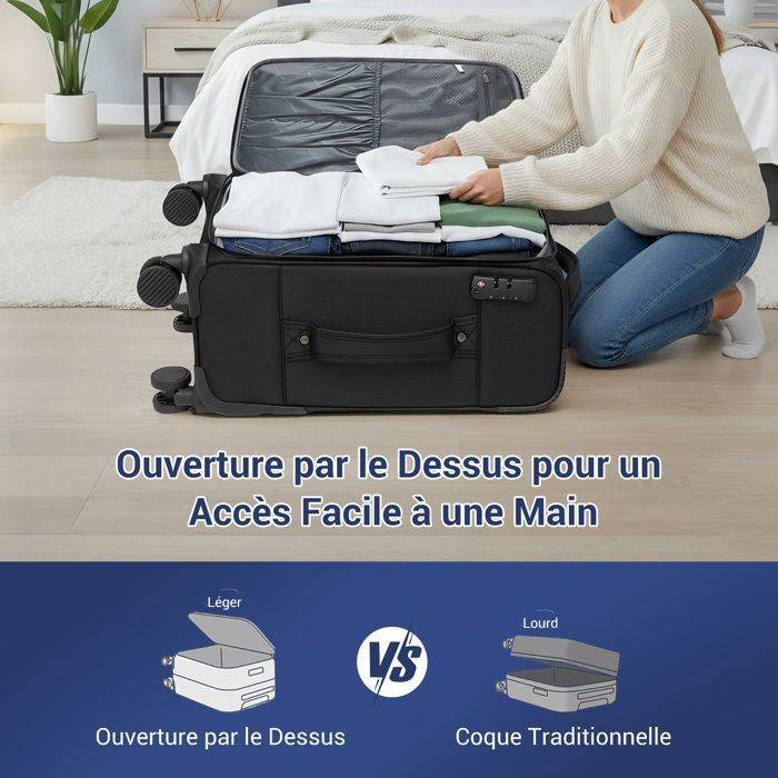 British Traveller Set de 3 Valises (57.5/68.5/79.5cm) - Valise Souples Légères et Résistantes avec 4 Roues et Serrure TSA, Noir