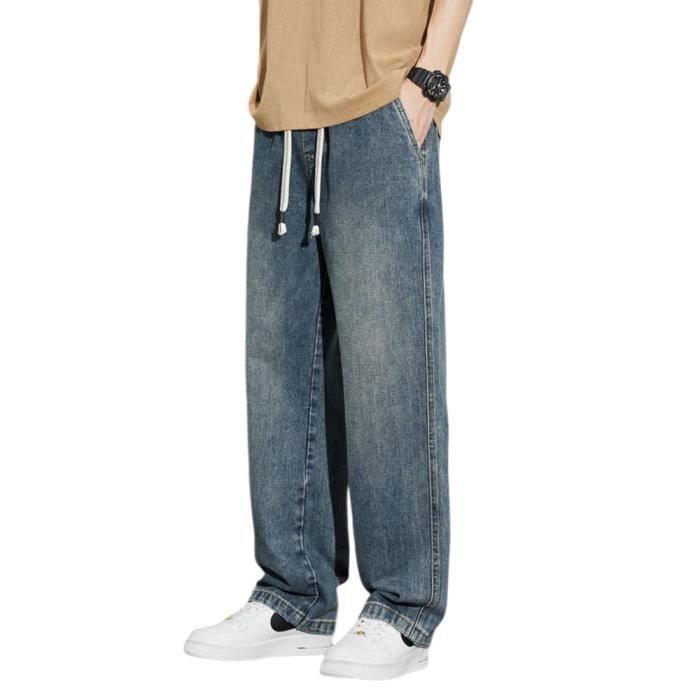 Pantaloni da uomo in denim vintage a vestibilità ampia con elastico in vita, jeans casual elasticizzati con coulisse, effetto slavato - Blu scuro