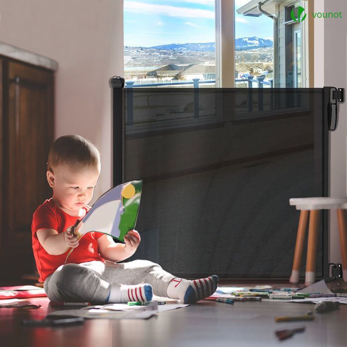 VOUNOT® Barrière de sécurité rétractable à 180cm noir - Double verrouillage à une main - Pour bébé enfant et chien