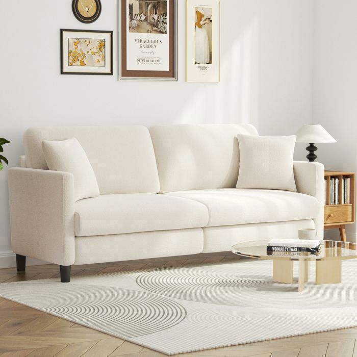 Canapé 3 Places en Velours Teddy Beige pour salon,Canapé Moderne Scandinave avec trois coussins,pieds en bois,193×78×85CM