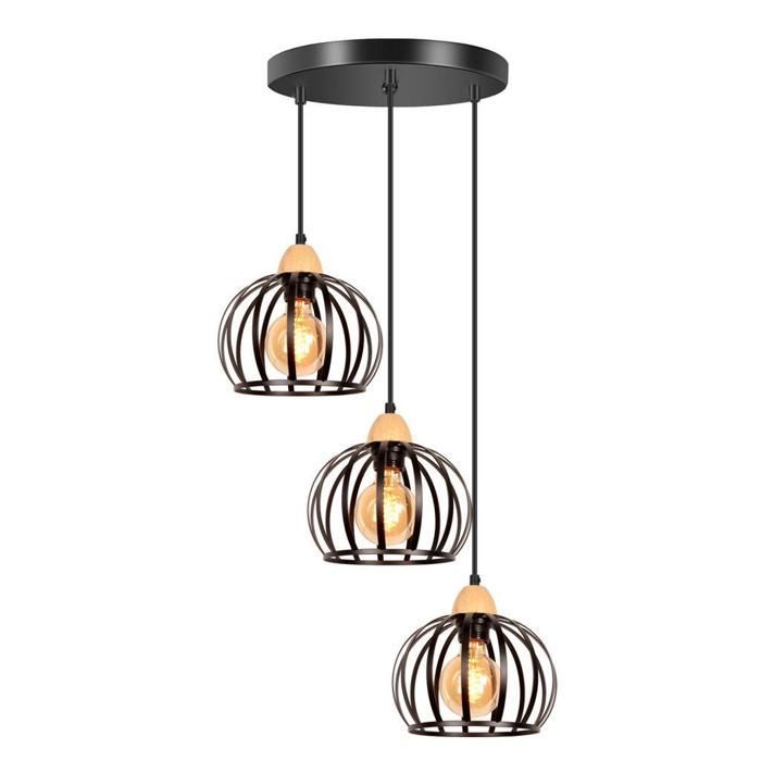 Lámpara colgante vintage - iDEGU - 3 luces - Metal y madera - Negra - E27