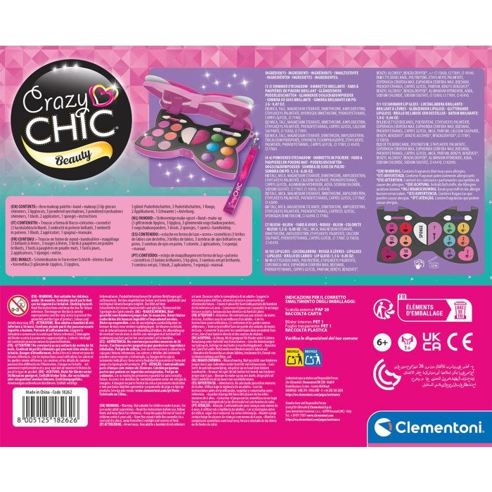 CLEMENTONI - Kit de maquillaje con pajarita - Paleta de maquillaje infantil - Sombras de ojos, brillo de labios, esponja, brochas - A partir de 6 años