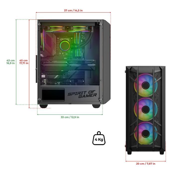 Case per PC da gaming - SPIRIT OF GAMER - REBEL NX DARK - Nero - 4 ventole ARGB - Compatibile con ATX