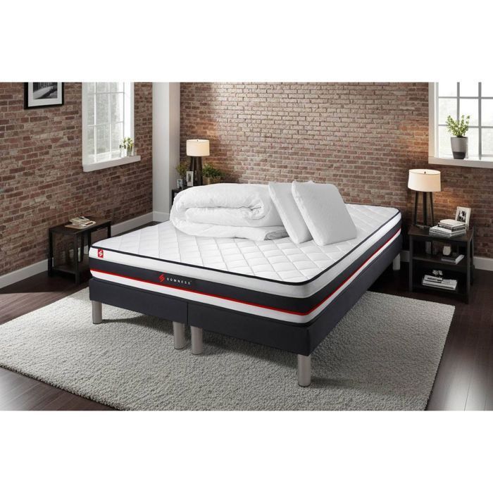 Base de cama doble 90x200 + colchón FORM 180x200 + 2 almohadas de espuma viscoelástica + edredón de percal 180 x 200 cm Negro