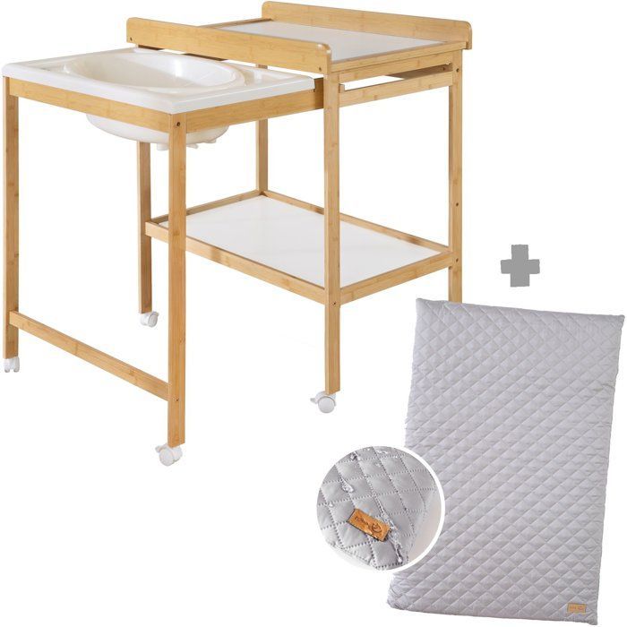 Table à langer avec baignoire coulissante - ROBA - Inclus matelas déperlant Roba style Gris - Tablette de rangement - Bambou naturel