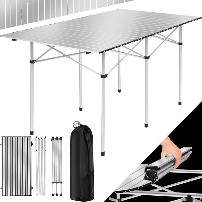Mesa de picnic - TECTAKE - Mesa plegable de aluminio de 140 x 70 x 70 cm, resistente a la intemperie, con bolsa de transporte - Gris