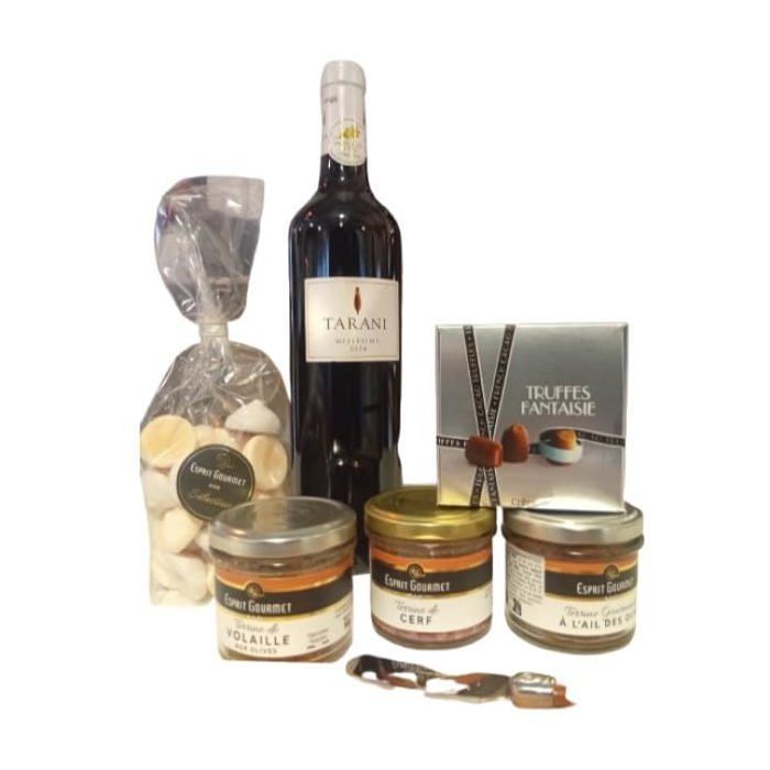 1 botella de TARANI Comté de Tolosan de 75 cl y su caja gourmet: terrinas, tabla y cuchillo, merengues, trufas, pralinés.