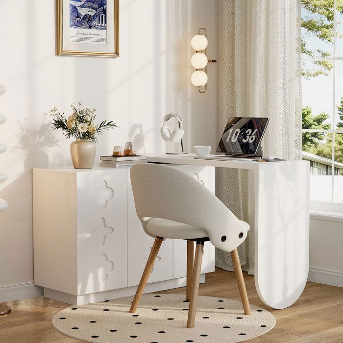 Bureau Blanc Pivotant en L - avec Meuble de Rangement pour Bureau, Gain de Place - 110 x 40 x 75 cm