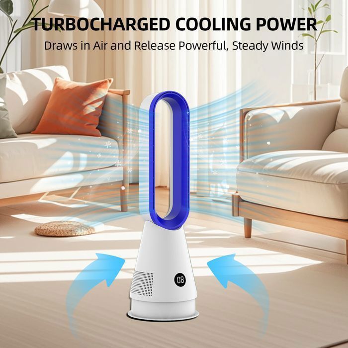 Ventilatore a piantana senza pale con telecomando, ventilatore a torre, timer di 9 ore, display a pulsanti, 8 velocità - 60 cm