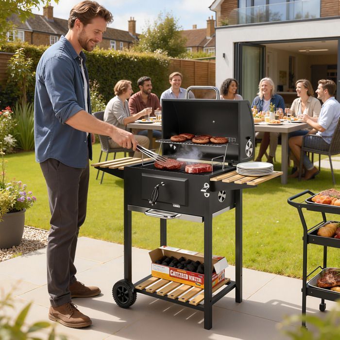 Outsunny Charcoal Barbecue - Height Adjustable - Grill, Lid, Thermometer, Shelves, Wheels, and Bottle Opener - Black