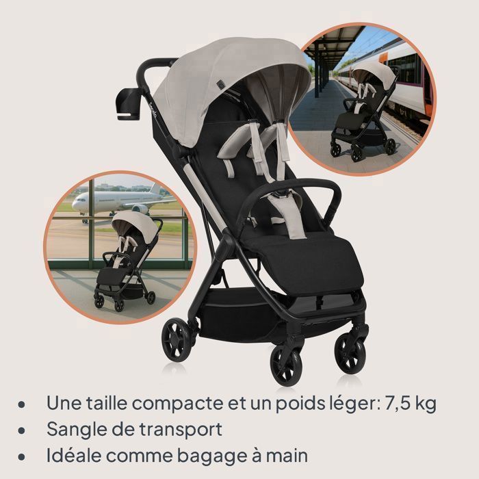 LIONELO Julie Air Ultra-Compact Stroller - Automatic Folding - Airplane Compatible - Up to 22kg - UPF 50 Canopy - Beige
