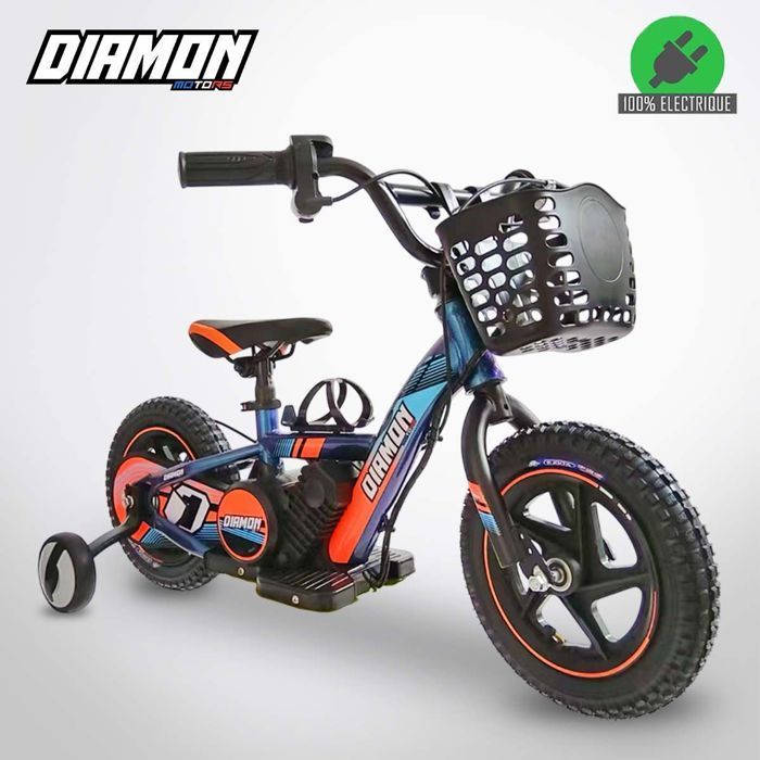 Bicicleta de equilibrio eléctrica DRAXY de 180 W y 12 pulgadas, color naranja, para niños, de DIAMON MOTORS – Batería de litio de 24 V – Limitador de velocidad de 3 velocidades