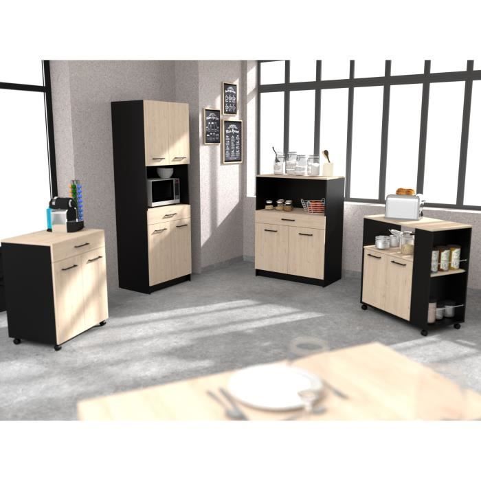 Aparador de cozinha IDEM - Acabamento em carvalho e preto - 4 portas + 1 gaveta - L 60 x P 42 x A 177 cm