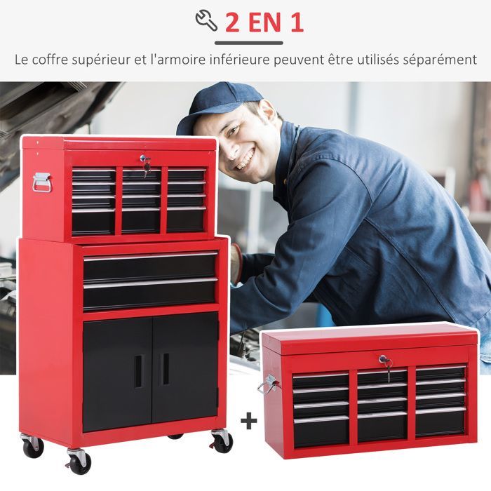 Servante d'atelier - HOMCOM - caisse à outil 6 tiroirs 1 commode coffre amovible chariot - acier - rouge noir