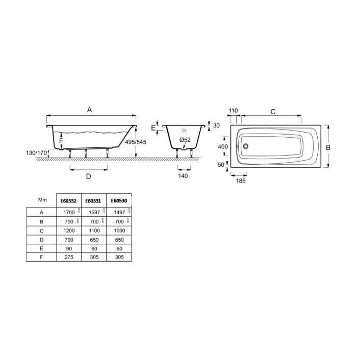 Bañera rectangular de acrílico blanco Jacob Delafon Stil Up de 150x70 cm - Patas Quick Clip - 10 años de garantía