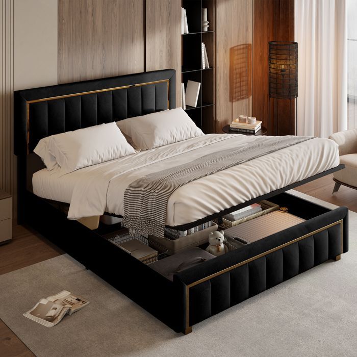 Cama con almacenamiento de 160 x 200 cm, cama para adultos, cama tapizada con cabecero de terciopelo, estructura con palanca hidráulica, color negro.