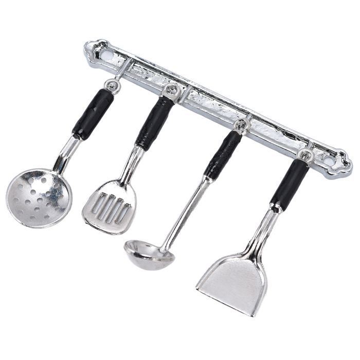Set of 2 miniature kitchen accessory sets for 1:12 scale dollhouses: miniature shovel, spoon, hook, colander