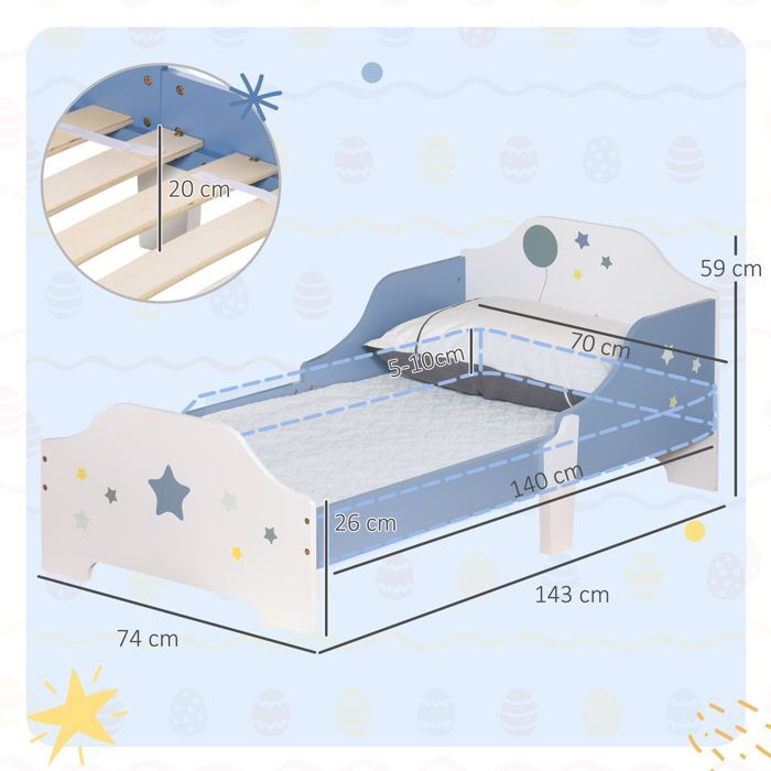 Cama infantil - HOMCOM - De 3 a 6 años - Diseño de estrellas - Base de láminas incluida - Dormitorio moderno - 143 x 74 x 59 cm - Azul y blanco