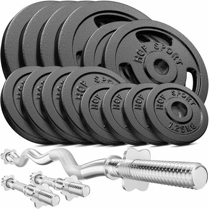 Hop-Sport 77kg gietijzeren halterset, twee korte stangen, SZ-curlstang, gewichtsschijven, halterset voor krachttraining