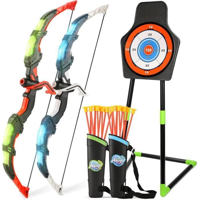 Juego de arco y flechas para niños con luces LED, 20 flechas con ventosa, diana con carcaj de hombro y correas.