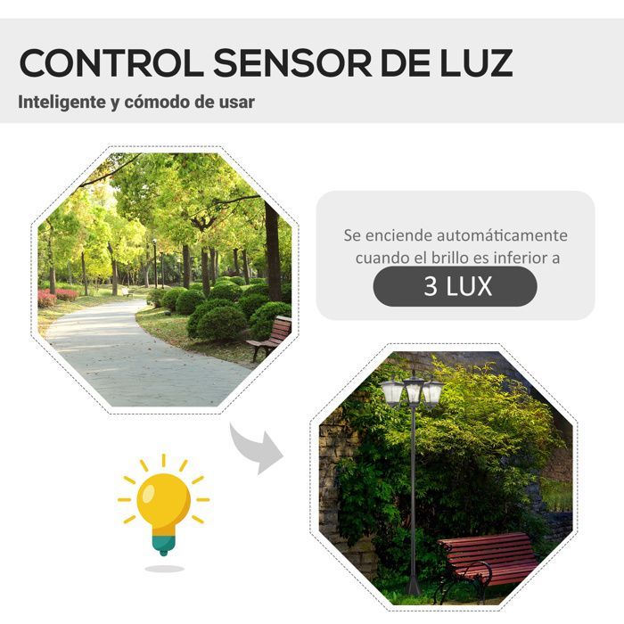 Lámpara solar LED para jardín exterior con sensores, 3 pantallas - Altura: 182,5 cm - IP44