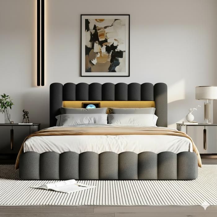 160x200cm Bed - 160x200cm Storage Bed and Slatted Base - RGB LED Headboard, USB/Type-C Ports - Mattress Not Included - Grey Linen Fabric