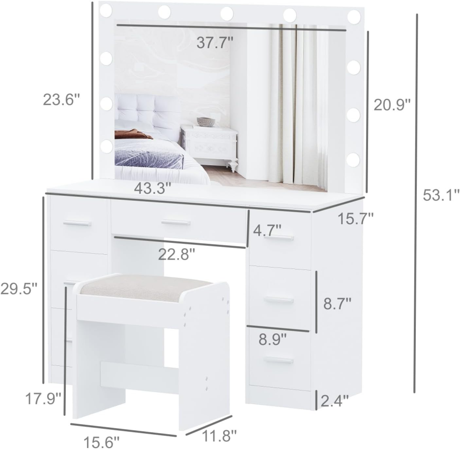 Kaptafel met krukje, make-uptafel met verlichte spiegel, 3 lichtkleuren, instelbare helderheid, kaptafel