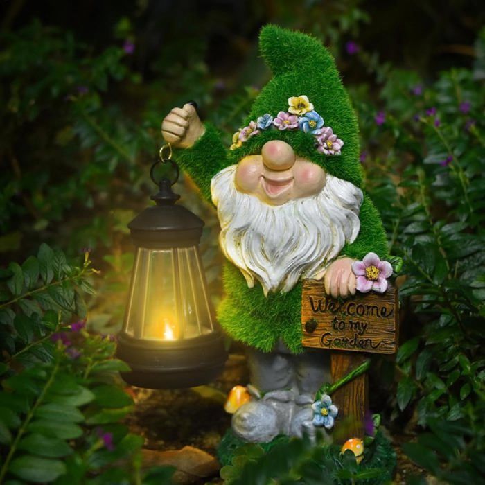 Statue De GNOME De Jardin, Sculpture Naine Imperméable À l'eau avec Lumière Alimentée par Énergie Solaire, Décoration De Label