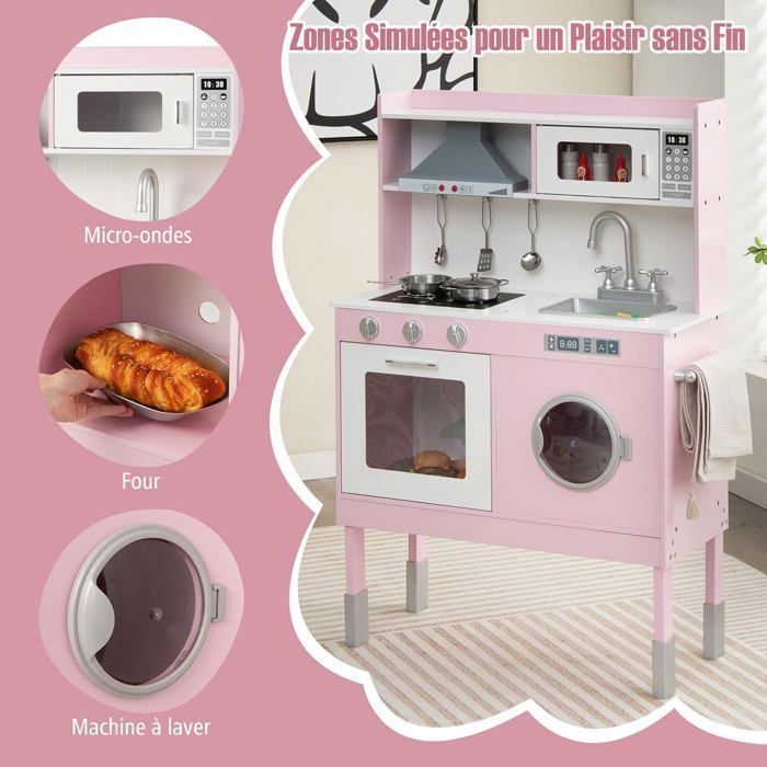 COSTWAY Cuisine pour Enfants 3 Ans+ en Bois - 5 Accessoires, Effect Sons et Lumières avec Téléphone, Rose