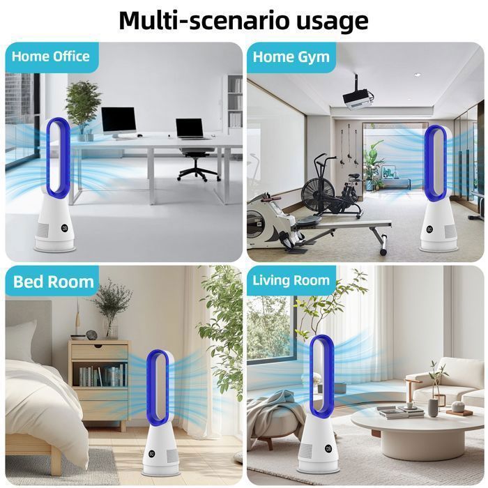 Ventilatore a piantana senza pale con telecomando, ventilatore a torre, timer di 9 ore, display a pulsanti, 8 velocità - 60 cm