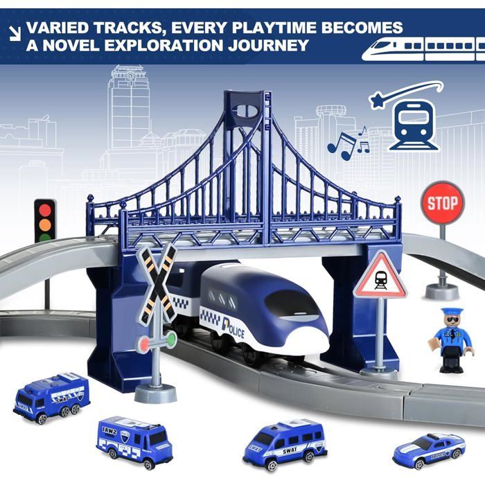 Train Électrique Enfant, 66pcs, Jouets Enfants Véhicules de Construction, 6-12 ans de Cadeau Garçon Fille, Bleu
