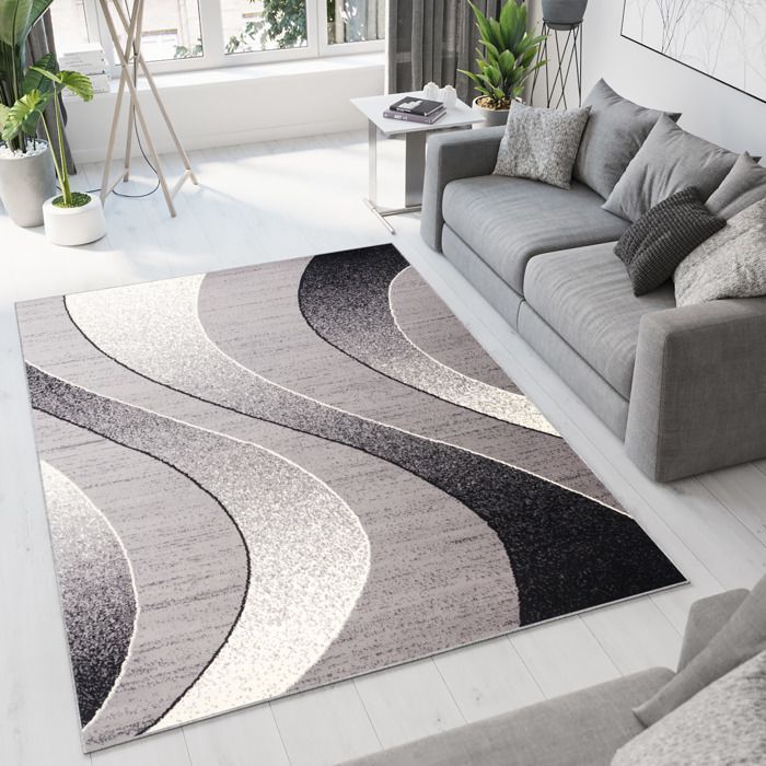 TAPISO DREAM Kurzflor-Wohnzimmerteppich, Grau-Schwarzes Wellenmuster, 100 % Polypropylen, für den Innenbereich, 120 x 170 cm