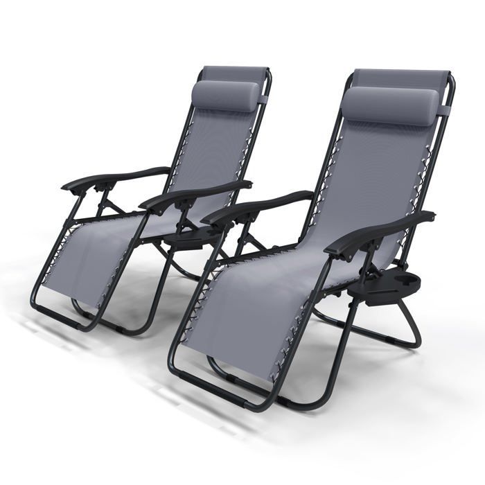 Juego de 2 sillones reclinables plegables VOUNOT® de textilene con portavasos - Carga máxima 120 kg - Gris