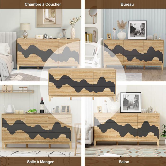 GOOBUY Commode à 9 Tiroirs 160cm, Armoire de Rangement, Grand Espace de Rangement, Motif Vague Irrégulière, 160x40x78,5cm, Naturel