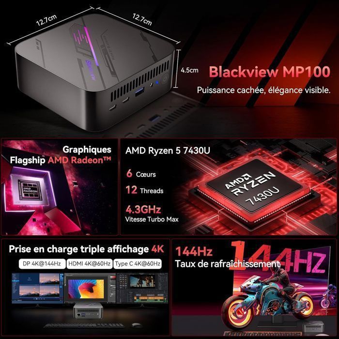 Blackview MP100 Mini PC Ryzen 5 7430U 16Go 512Go SSD Win 11 Pro – Ultra Puissant 4K 144Hz Triple Écran WiFi 6