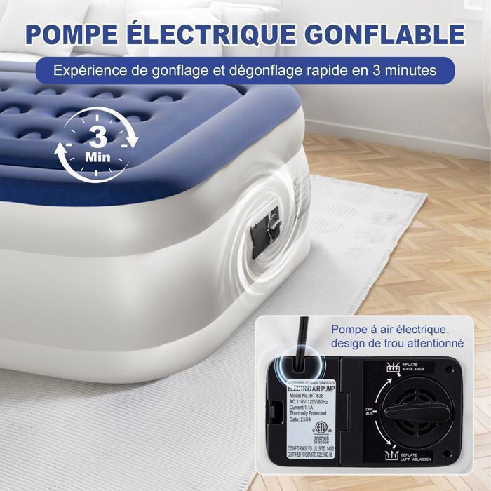 Colchón hinchable con bomba eléctrica integrada y superficie suave aterciopelada, ideal para camping, hogar o invitados, 190 x 99 x 45 cm.