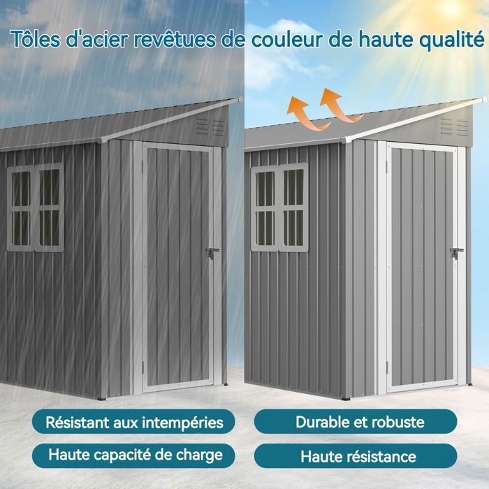 Caseta de jardín metálica robusta WELLTIN de 2,91 x 1,08 m con suelo, cobertizo adosado, puerta reversible y 2 ventanas.
