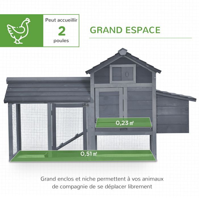 PawHut - poulailler - Bois de sapin - 150.5x54x87cm - Gris