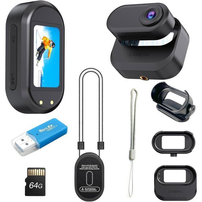 Mini sports camera, 1080p HD video recording, equipped with a 360° rotating clamp, 150-minute battery life