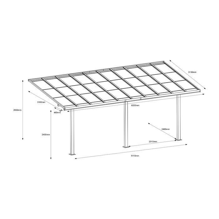 Pérgola adosada para cochera de aluminio con techo de policarbonato - 18,54 m² - blanco - PAZERA